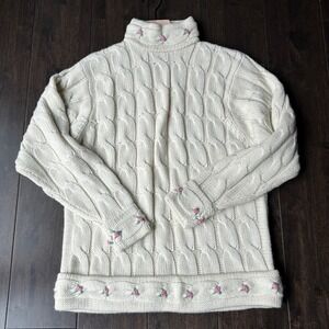 Vintage LeRoy Cable Knitwear Sweater Cream Floral Embroidered Womens XL